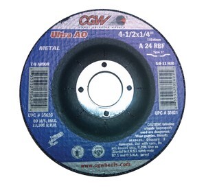 4-1/2" X 1/4" X 7/8" CGW ULTRA DEPRESSED CENTER ALUMINUM OXIDE GRINDING WHEEL